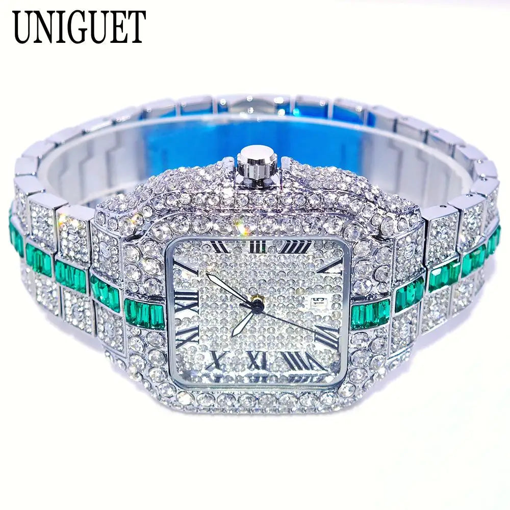 Reloj de pulsera de cuarzo cuadrado para hombre, joyería ostentosa de Hip Hop, marca UNIGUET, joyería ostentosa, moda novedosa, envío directo