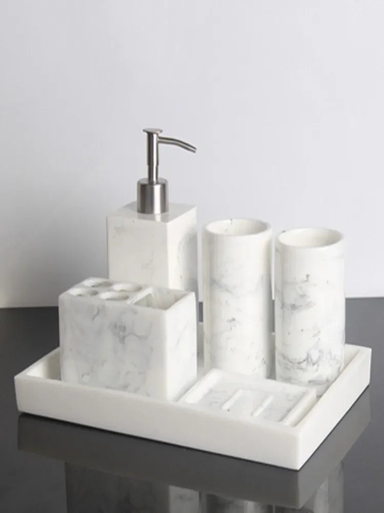 Juego de baño nórdico con diseño de mármol, accesorios de baño de resina, soporte para cepillo de dientes, dispensador de jabón, bandeja para platos