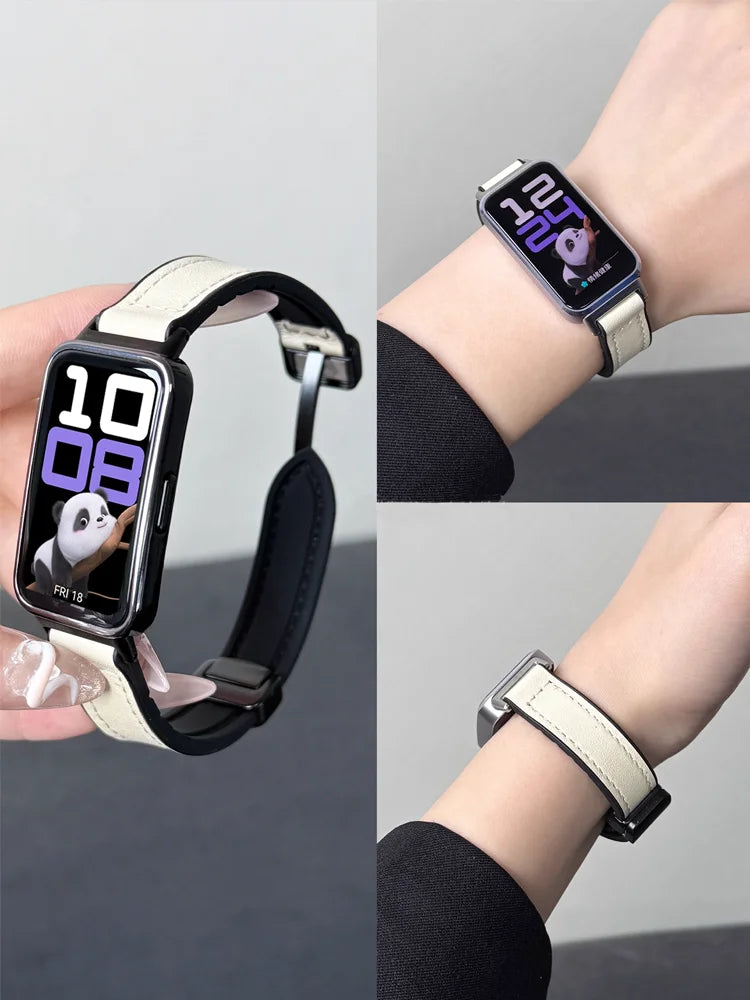 Correa de cuero magnética para Huawei Band 10, 9, 8, NFC, repuesto deportivo suave, Correa transpirable, pulsera, accesorios