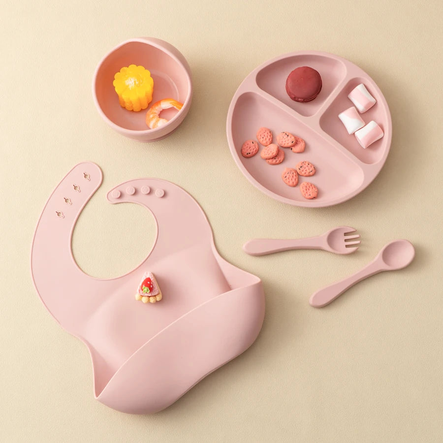 Juego de alimentación de silicona para bebé, plato de comedor redondo, cuenco con ventosa, platos para niños, babero impermeable, cuchara, vajilla para niños, 5 uds.