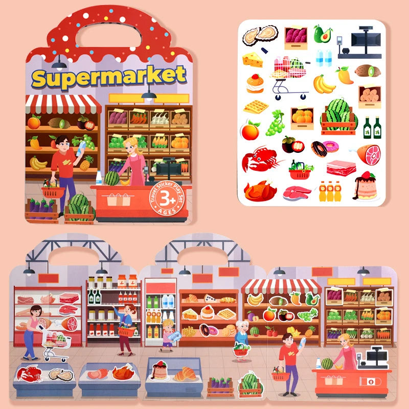 1 libro de pegatinas de gelatina, libro silencioso, diversión DIY para pegatinas de escena para niños, libro de pegatinas de rompecabezas de pasta repetidamente
