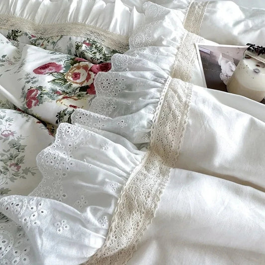 Juego de fundas de edredón con volantes, de 3 piezas ropa de cama, Floral, 100% algodón, blanco, 2 fundas de almohada, US/UK, Super King size
