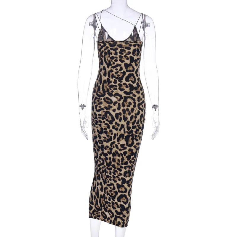 Vestido elegante sin mangas de leopardo para mujer, ropa Sexy de verano, moda femenina, cintura alta, tirantes finos, vestidos de fiesta de noche ajustados