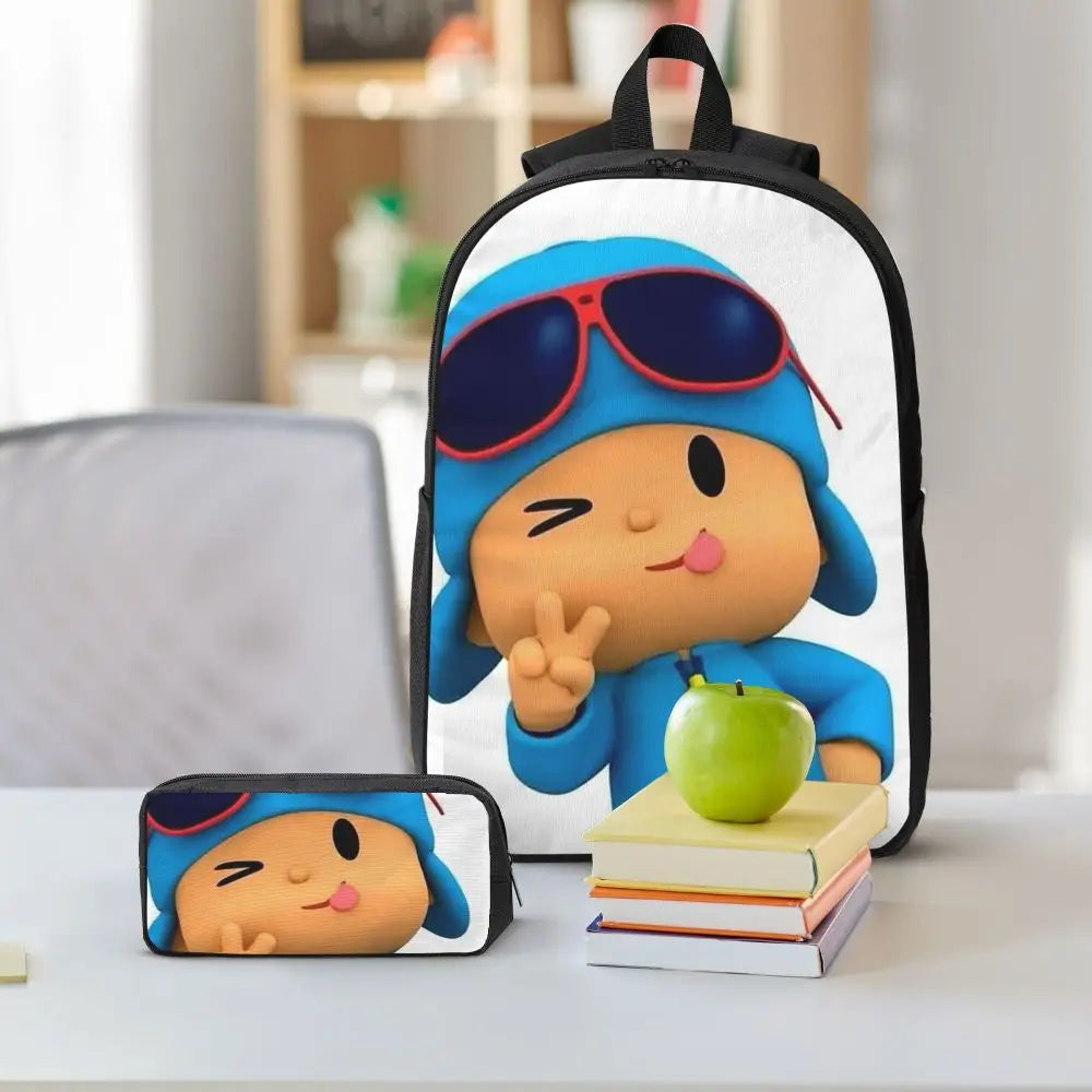 Mochila azul de dibujos animados de Pocoyo para niños, mochila escolar, bolsos de hombro para ordenador, bolsa de almuerzo aislada de 3 piezas, estuche para lápices