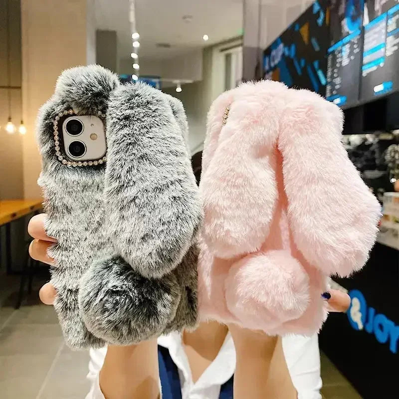 Funda de teléfono de piel de conejo de peluche 3D para iPhone 17 16 15 14 13 12 11 Pro Max funda de silicona suave