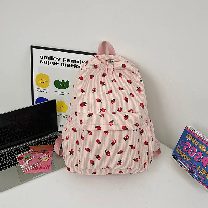 Mochila de PANA con fresas para estudiantes, morral escolar con múltiples bolsillos para adolescentes, correa ajustable para cuaderno, Mochilas Escolares al aire libre
