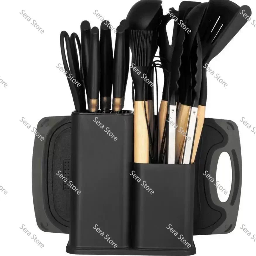 Juego de Utensilios de Cocina de Silicona de 19 Piezas, Sartén Antiadherente, Espátula para Cocinar con Cubo de Almacenamiento, Juego Combinado de Cuchillos