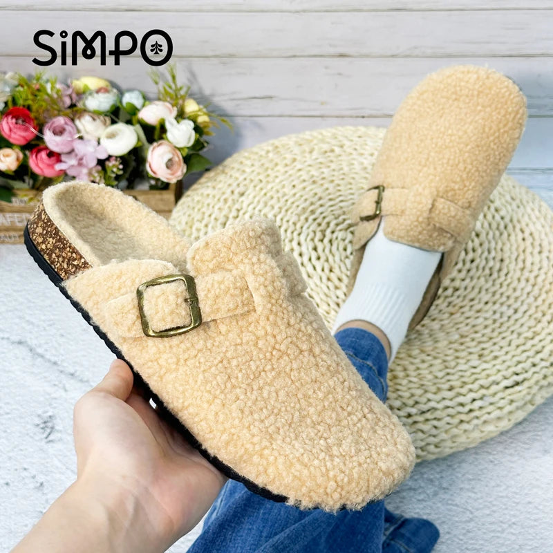 Otoño e Invierno nuevas mujeres y hombres tela de gamuza zapatilla de punta cerrada interior o exterior Slip-on Retro Sandalias planas duraderas