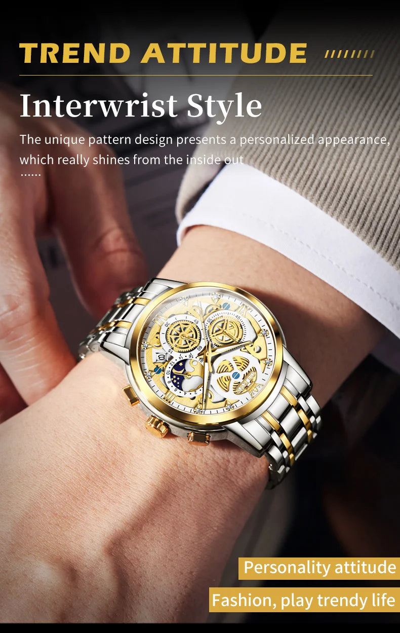 Relojes OLEVS para hombre, marca superior, reloj de cuarzo Original resistente al agua de lujo para hombre, estilo esqueleto dorado, 24 horas de día y noche, nuevo