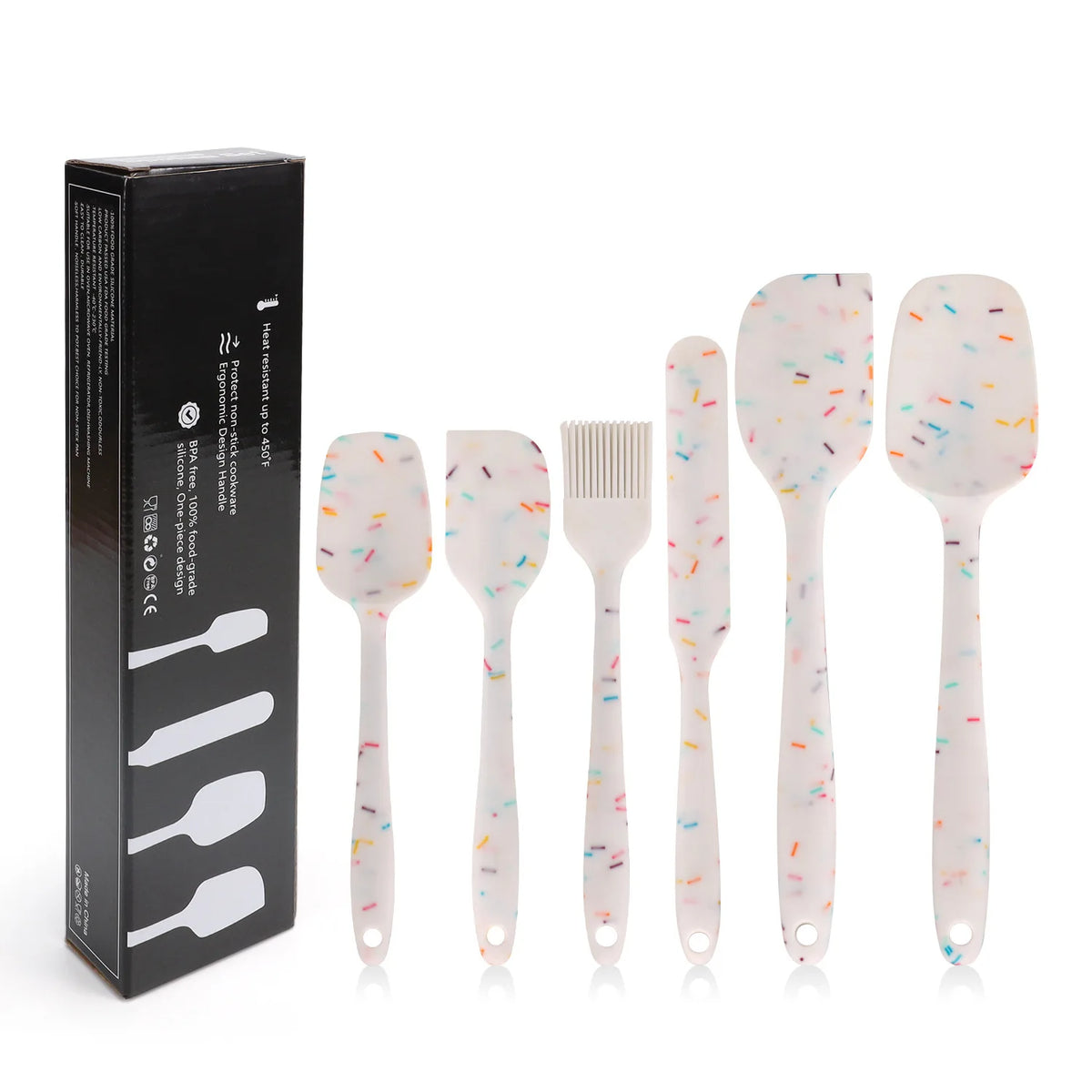 Juego de utensilios de cocina de silicona de 6 piezas, espátula integrada color crema, cepillo para aceite, juego de espátulas de diferentes tamaños