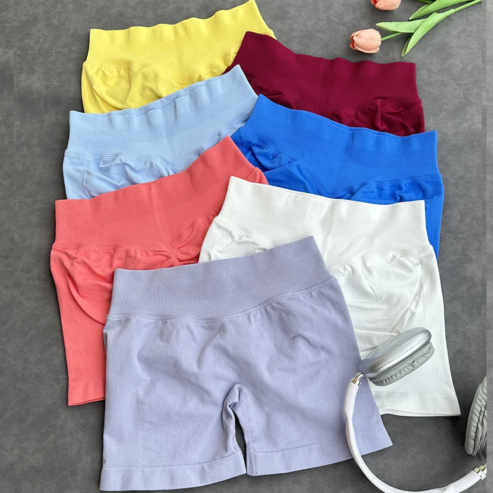 Pantalones cortos deportivos para mujer, pantalones cortos de gimnasio con banda baja acanalada de 4,5 ", mallas sin costuras para entrenamiento y Yoga