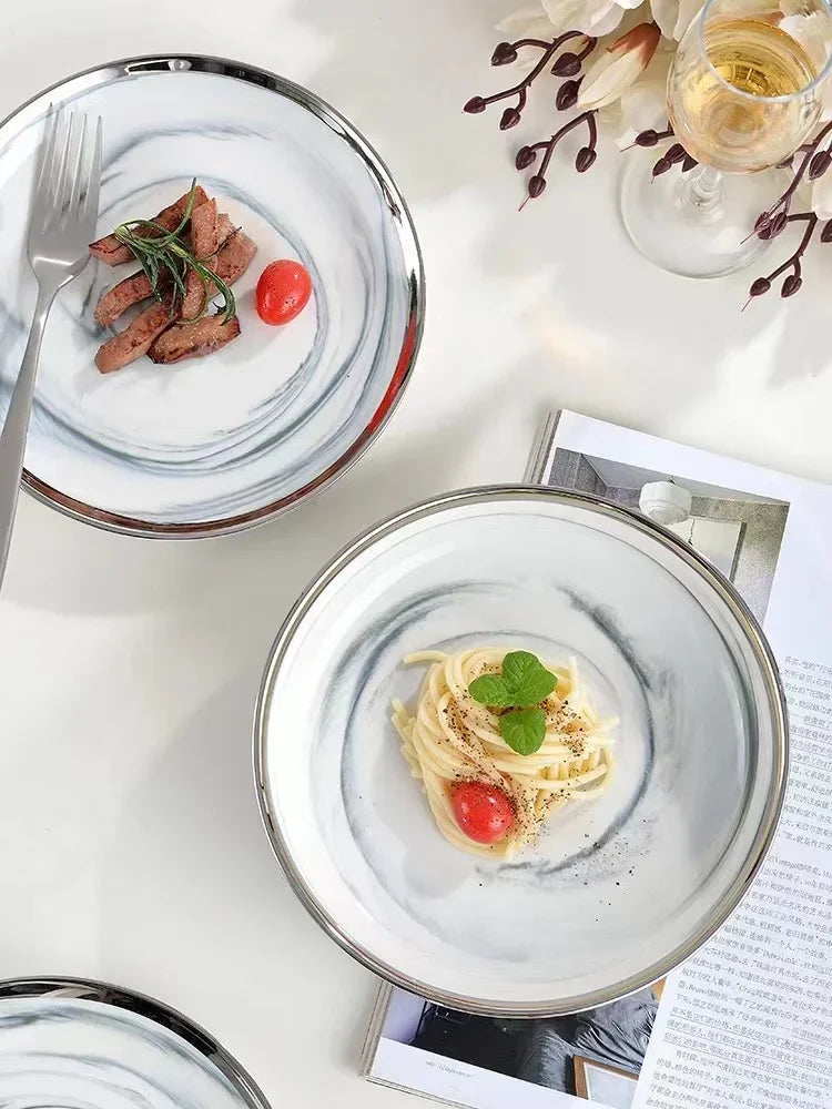 Platos de cerámica de mármol con borde plateado, bandeja para servir carne, cuencos, plato de cena Ins, juego de vajilla de porcelana para Hotel familiar