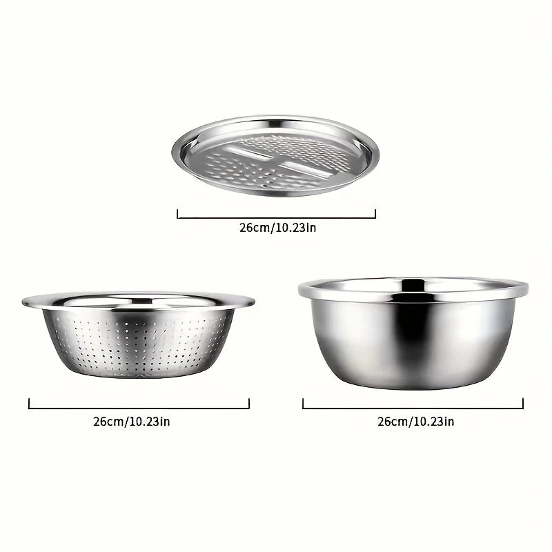 Juego de 3 Utensilios de Cocina de Acero Inoxidable, Tazón para Mezclar Multifuncional, Cortador de Verduras, Pelador de Frutas