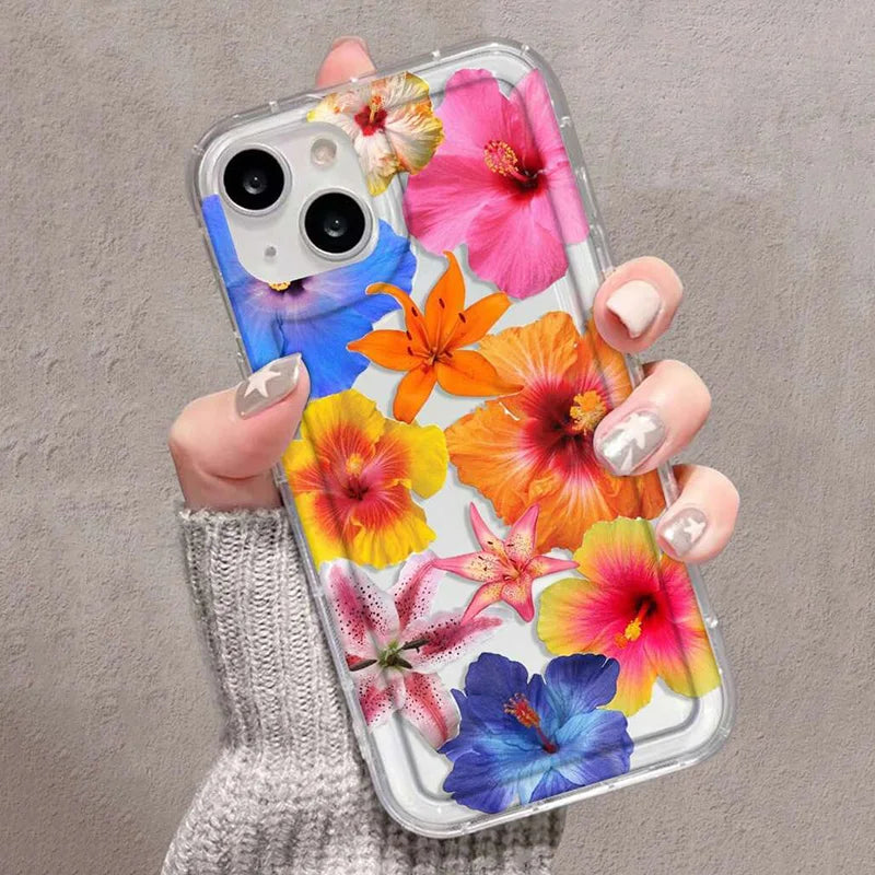 Funda de teléfono de goma suave con estampado Floral de hibisco para iPhone 17 Air 16 15 13 14 12 11 Pro Max 16E 7 8 14 15 16 Plus cubierta transparente