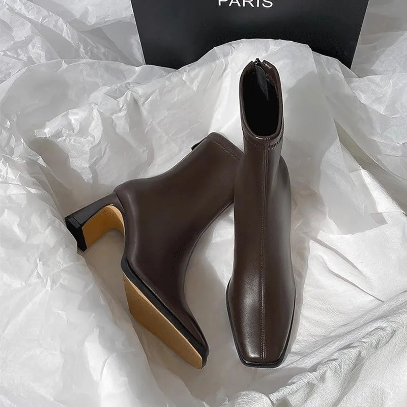 Botines cuadrados de otoño, cómodas botas de tacón alto de cuero suave, zapatos de mujer de temperamento Simple con cremallera a la moda