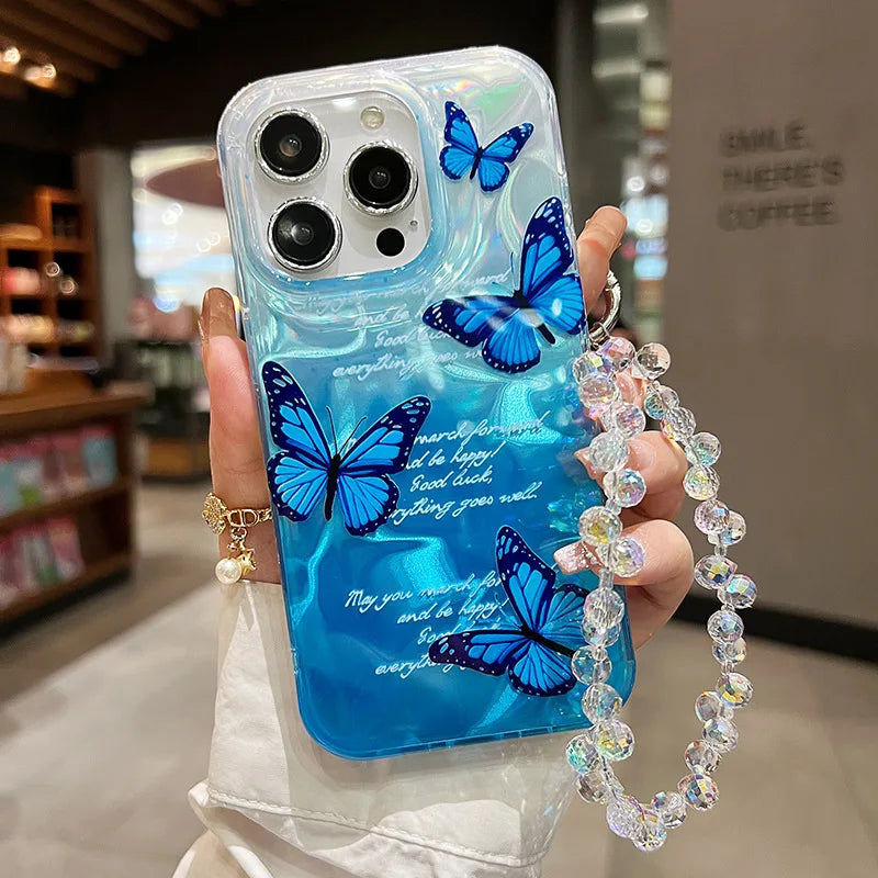 Funda de teléfono de arena con plumas graduales plateadas y mariposas de lujo para iPhone 16 15 14 13 12 11 Pro Max X XR 7 8 Plus, funda con cordón