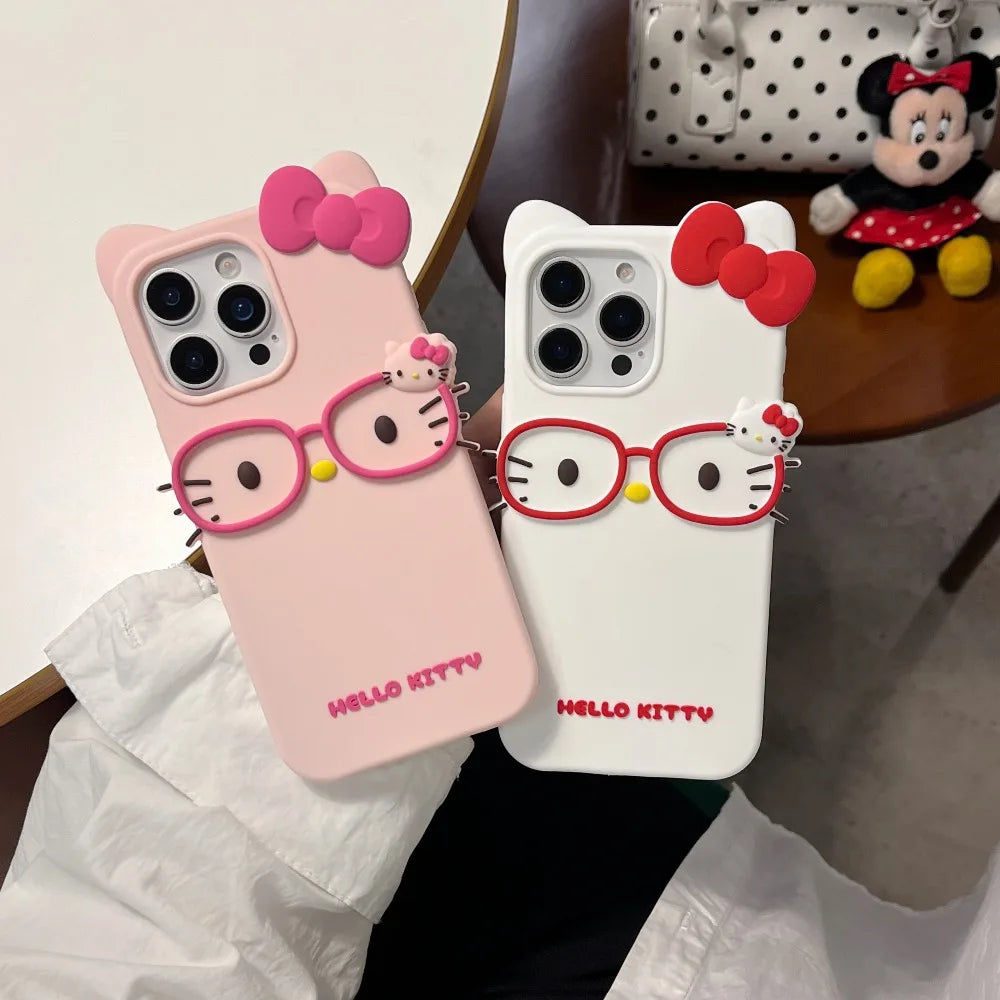 Funda de teléfono estereoscópica 3D para iPhone 17 16 15 14 13 12 11 Pro Max, fundas con lazo de Hello Kitty de dibujos animados bonitos de Sanrio, funda de silicona suave
