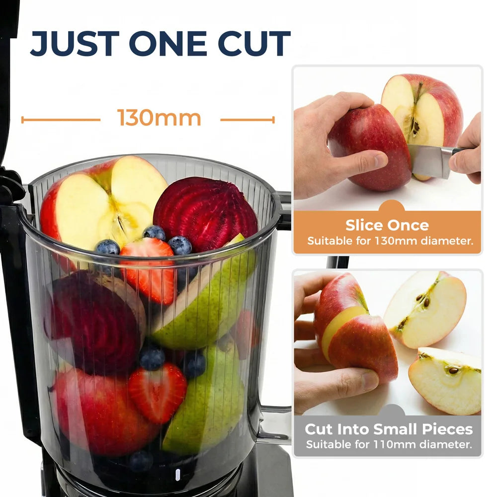 ROUNY Exprimidor lento, extractor de prensa en frío con sin filtro, máquina exprimidora de frutas eléctrica de fácil limpieza con gran calibre, negro