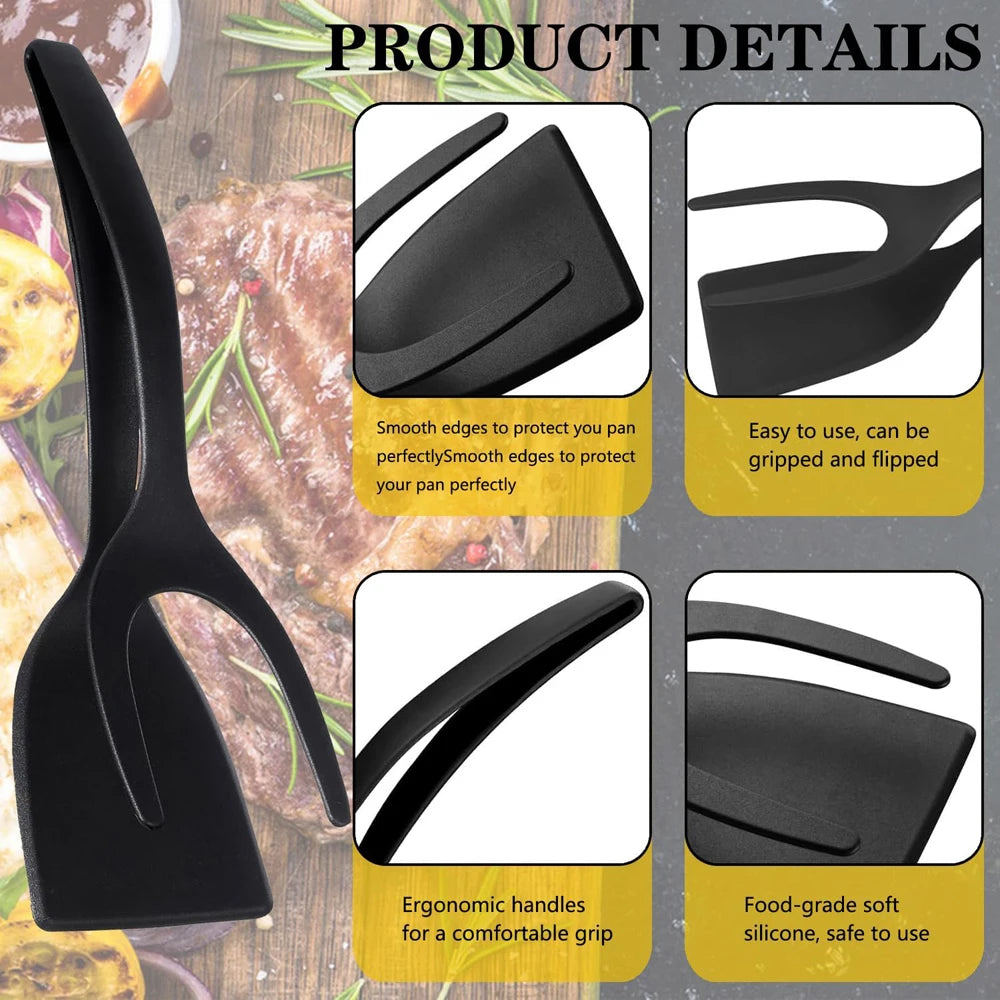 Nueva Espátula 2 en 1 con Pinzas, Espátula para Voltear Huevos, Espátula de Nailon con Revestimiento Antiadherente, Herramienta para Hacer Panqueques, Pescado, Tostadas Francesas y Omelettes