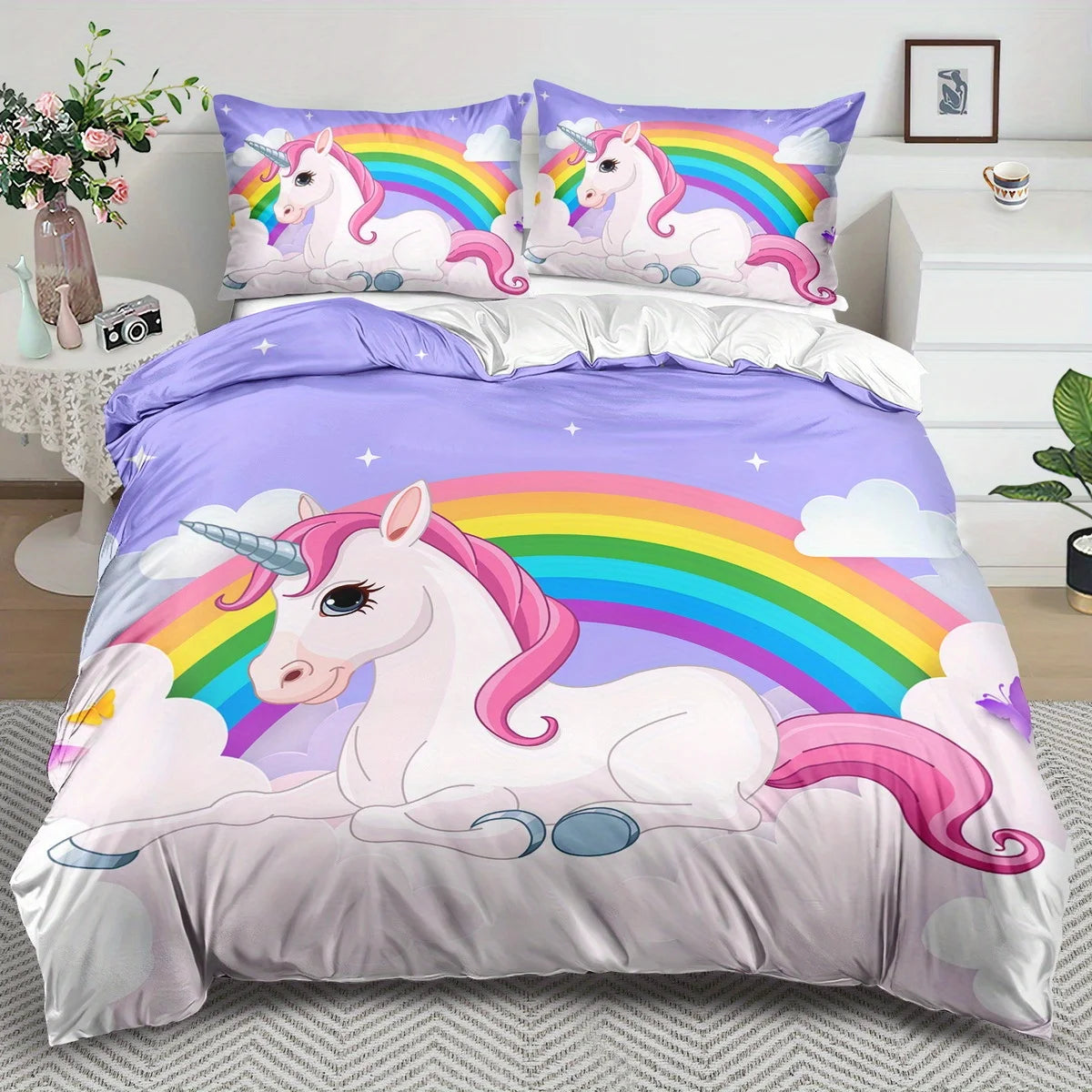 Juego de funda nórdica con tema de unicornio, 2/3 piezas, suave, cómodo, transpirable, juego de cama con estampado de unicornio arcoíris, estampado de animales de fantasía