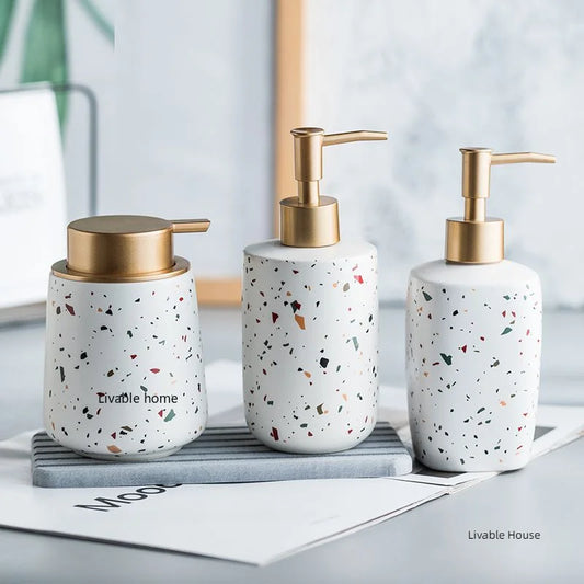 Dispensadores de jabón portátiles de cerámica, botella de líquido para lavar las manos, botella de loción con patrón de terrazo, botella de jabón, dispensadores de jabón para Baño