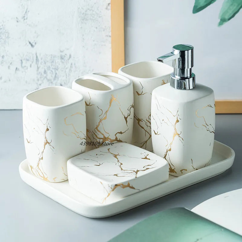 Juego de accesorios de baño de cerámica de mármol negro, dispensador de jabón/soporte para cepillos de dientes, bandeja, suministros para el hogar