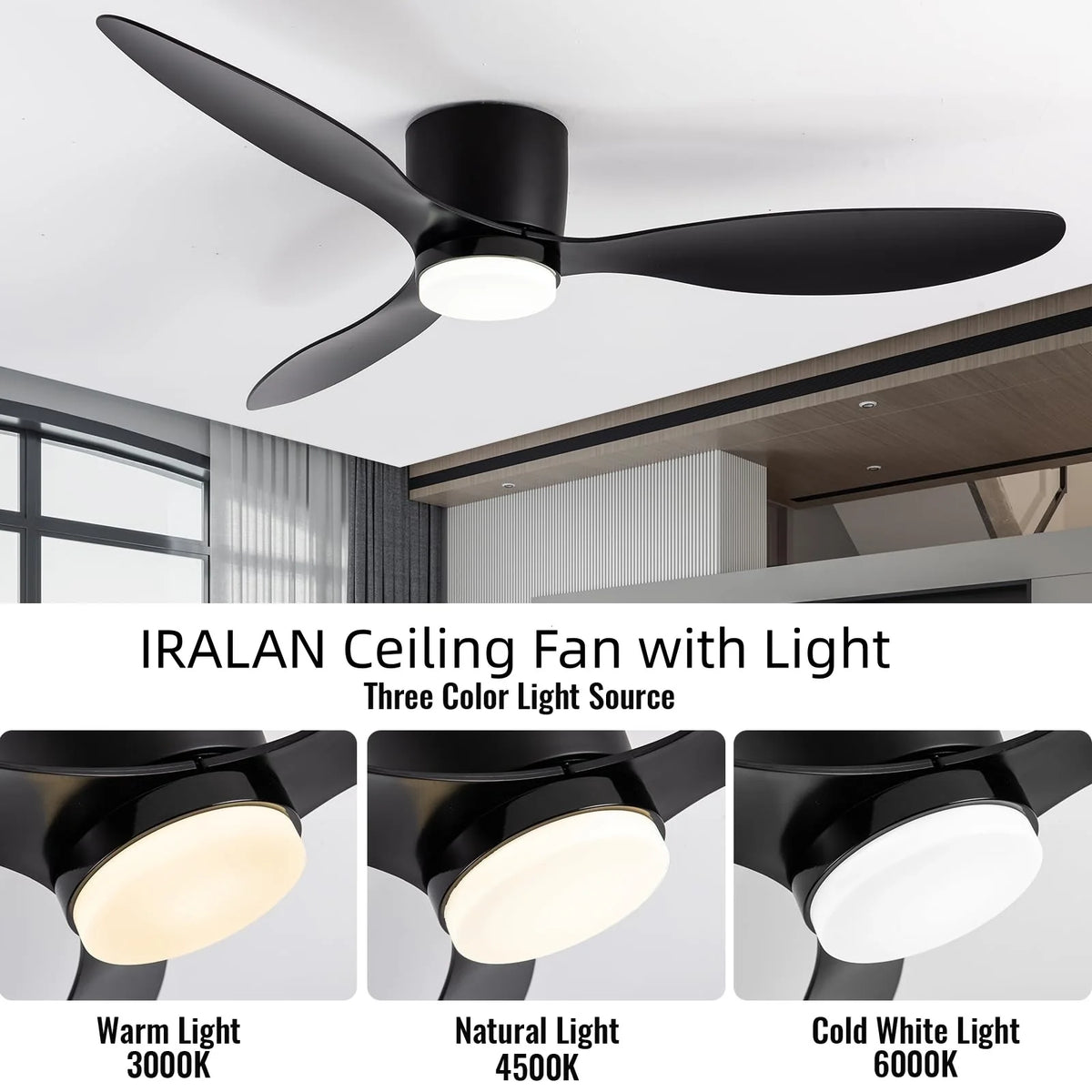 IRALAN Ventilador de techo con luz, opción de 6 velocidades, motor CC reversible de 3CCT con control remoto, susurro, fácil instalación, negro/blanco/madera