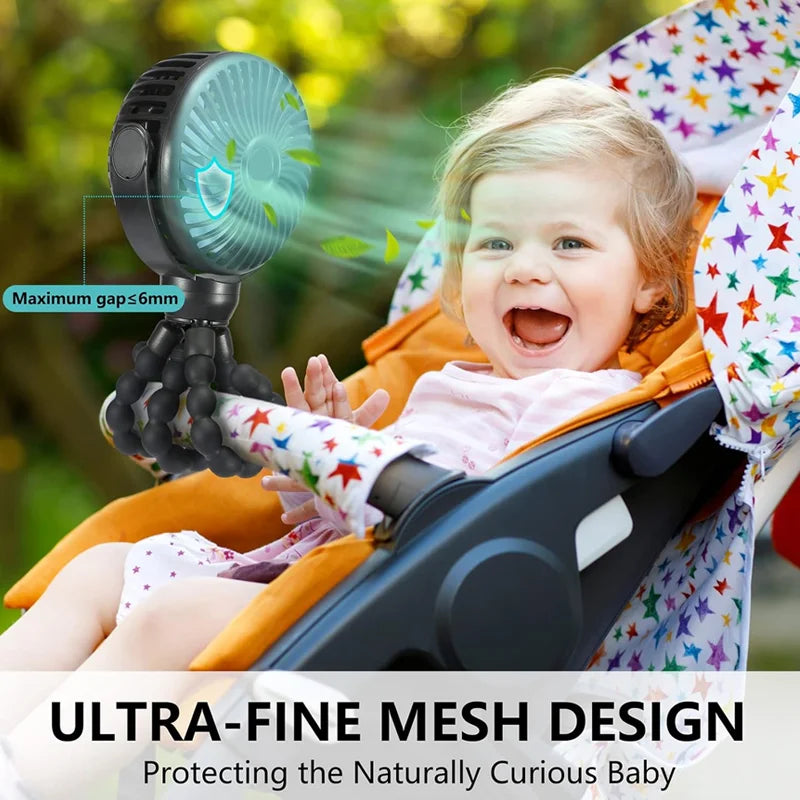 Ventilador Portátil con Trípode Ajustable, Rotación de 360 Grados, Ventilador Eléctrico de Bajo Ruido para Cochecito de Bebé, Carga USB, Apto para Uso en Exteriores