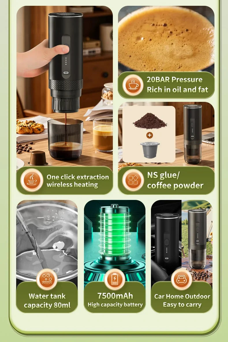 Cafetera Espresso eléctrica inalámbrica 2 en 1 para coche y hogar, cafetera portátil para acampar, cafetera de viaje en polvo cápsula