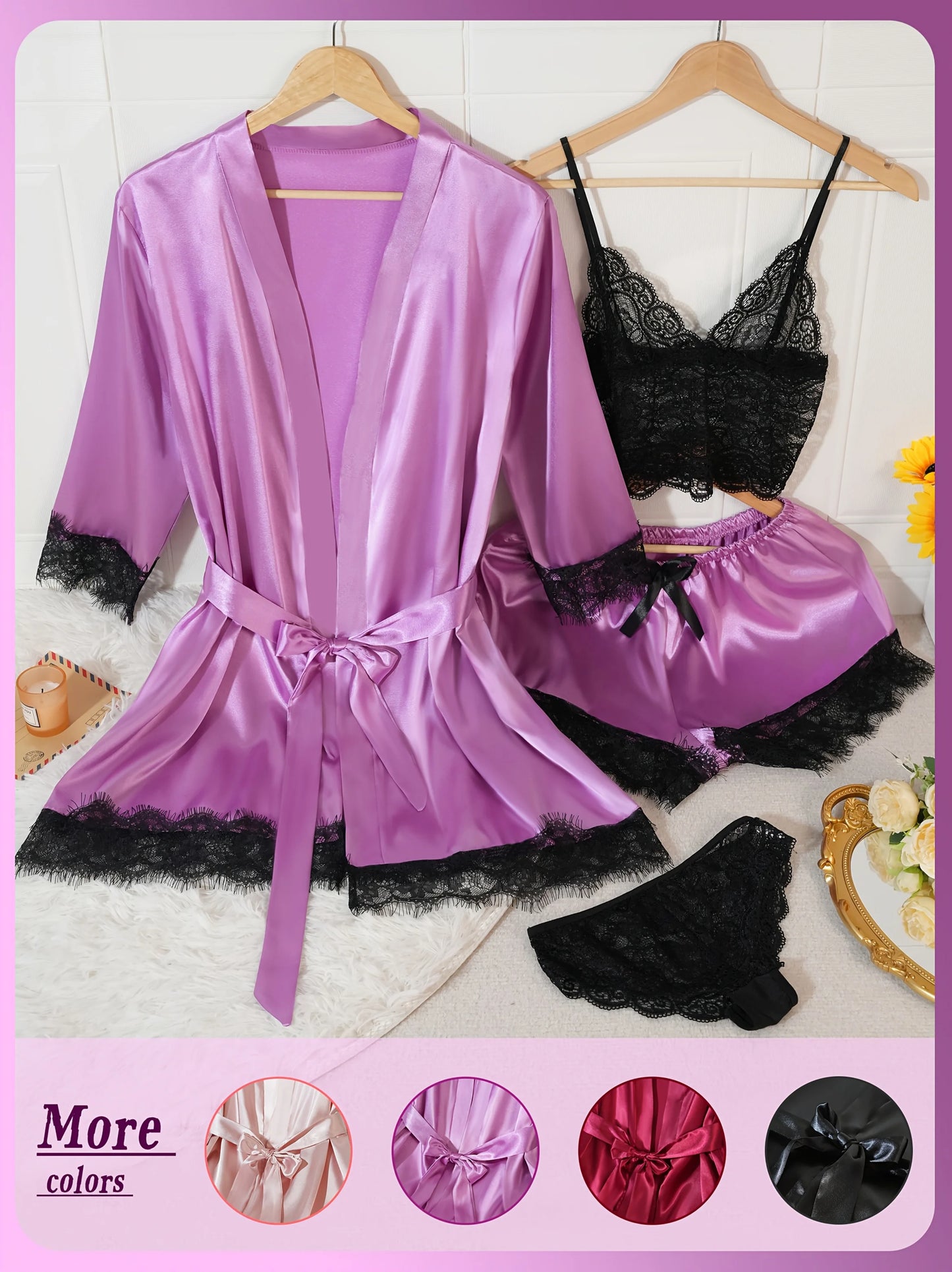 Conjunto de pijama de satén para mujer, bata de lencería de encaje, ropa de dormir Sexy de seda, camisón de satén suave, camisón, 4 Uds.