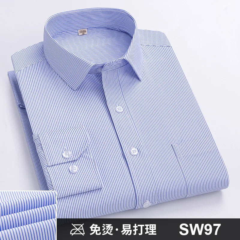 Camisa Formal de manga larga para hombre S ~ 8XL, camisas blancas de negocios de moda de gran tamaño a rayas de Color sólido, antiarrugas y sin planchar