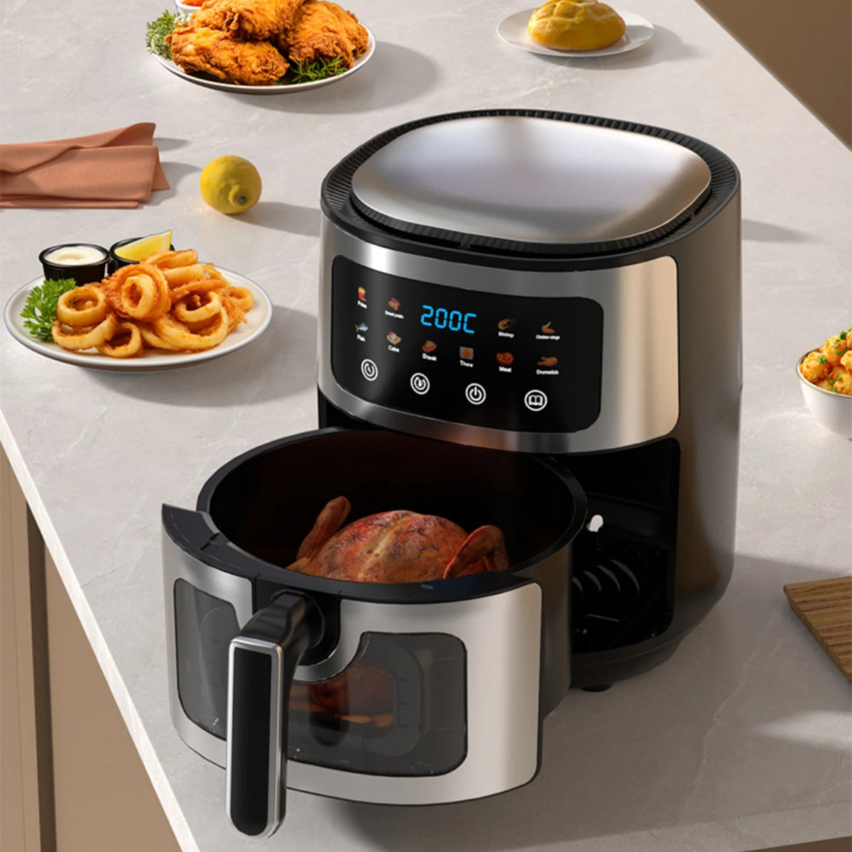 Freidora de Aire Digital de 6 L con Ventana de Visualización, Pantalla de Temperatura, Controles Táctiles, Electrodoméstico de Cocina para Encimera