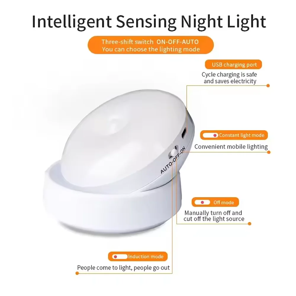 Luz nocturna con Sensor de movimiento, iluminación LED inalámbrica recargable, magnética giratoria 360 para habitación, mesita de noche, iluminación de gabinete