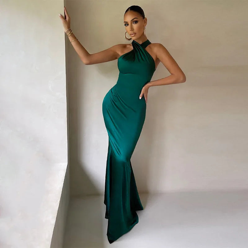 Vestidos de Fiesta Elegantes para Mujer, Vestido Maxi con Cuello Halter y Detalle Cruzado en la Parte Delantera, Vestido de Noche Ajustado