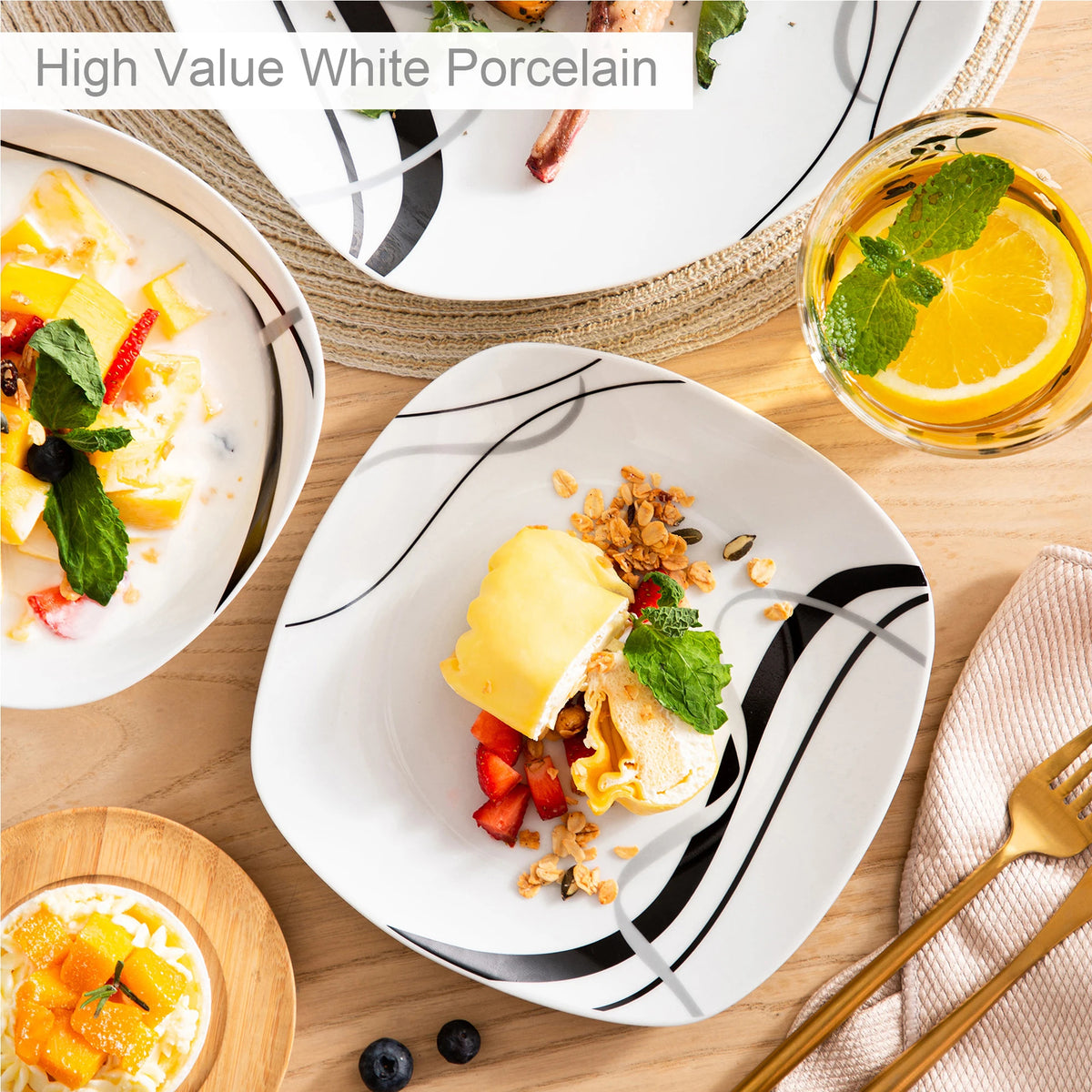VEWEET FIONA-vajilla de cerámica de línea negra, juego de platos de cocina con plato de cena, postre, plato de sopa, 18/36 piezas