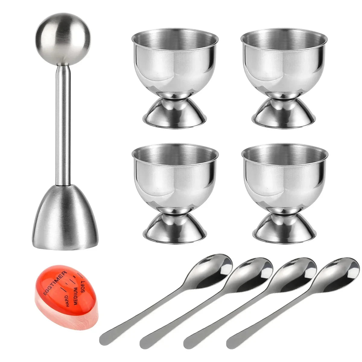 Abridor de huevos creativo, abridor de cáscara de huevo con bandeja para huevos y cucharas, herramienta de desayuno con apertura de acero inoxidable, accesorios de cocina