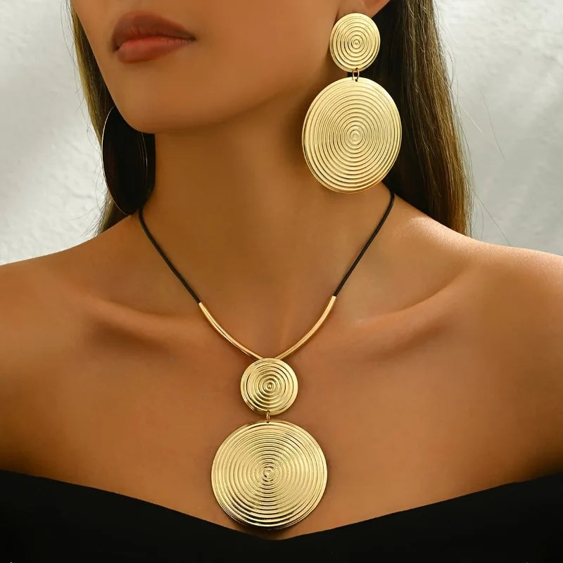 3 unid/set de pendientes redondos grandes, conjunto de Collar para mujer, cadenas de cuerda de PU exageradas, Collar con colgante geométrico de Metal, joyería