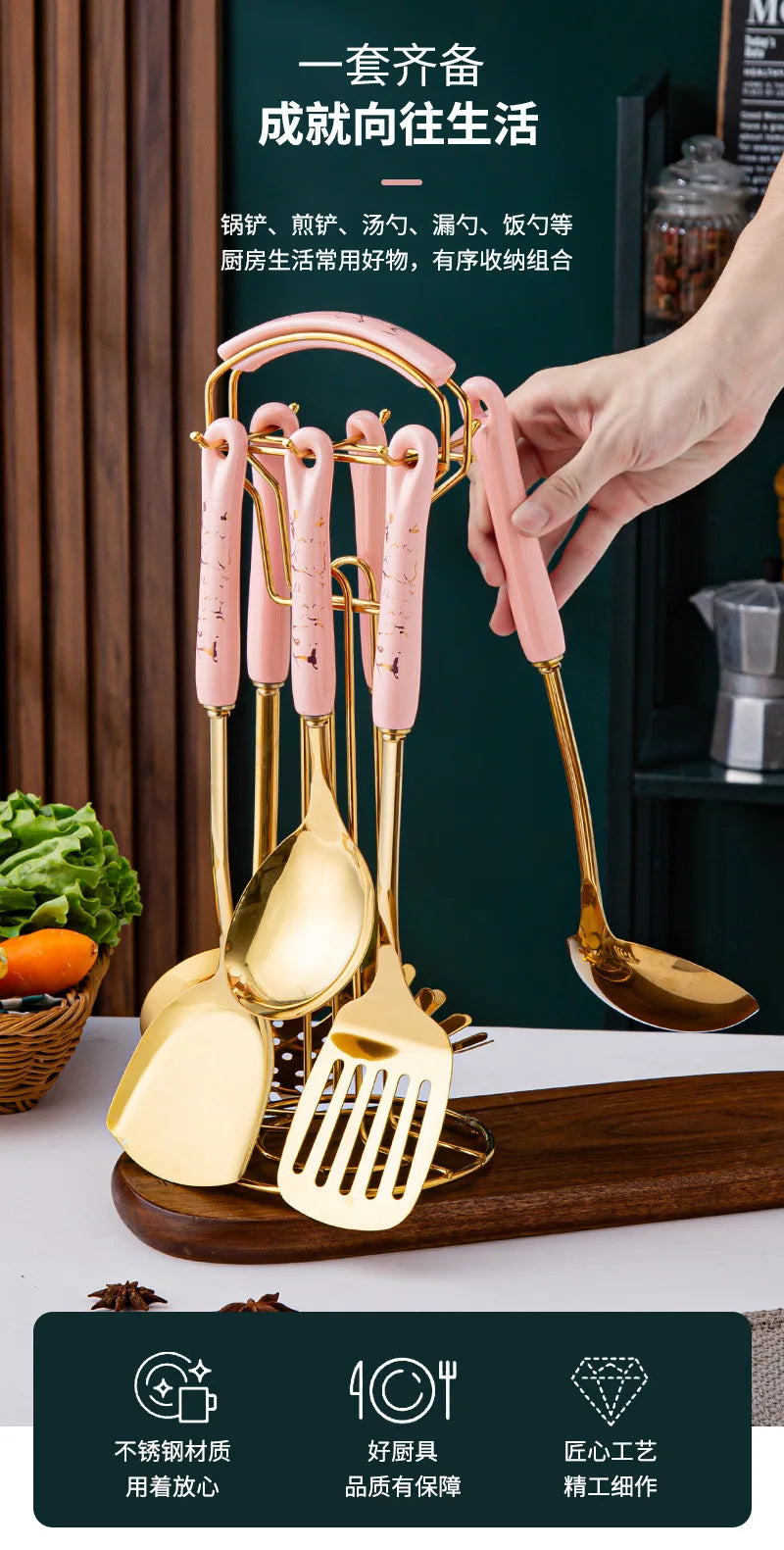 Espátula de acero inoxidable con mango de cerámica, juego de utensilios de cocina nórdicos, 7 unidades