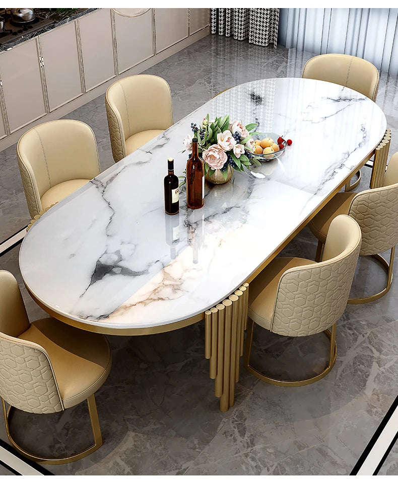 Juego de comedor de acero inoxidable, muebles para el hogar, mesa de comedor de mármol moderna