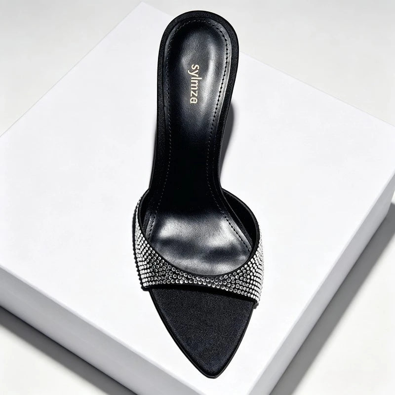 Zapatillas de tacón fino de lujo con diamantes de imitación brillantes para mujer, sandalias de marca con punta abierta, tacones sexis de diseñador para exteriores para mujer 2026
