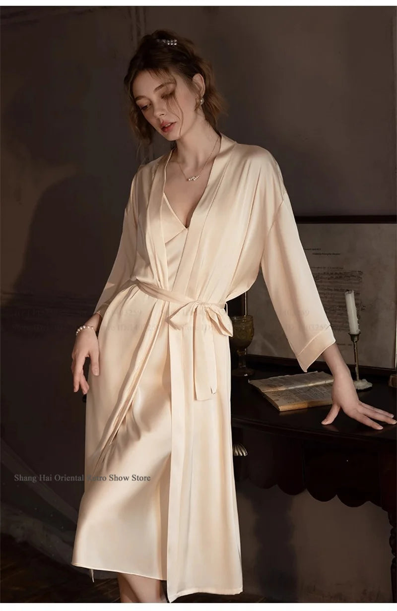 Elegante Conjunto de Bata Larga para Mujer, Lencería Sexy, Ropa de Dormir, Kimono Holgado, Bata de Baño, Vestido de Casa de Satén Sedoso, Ropa de Estar