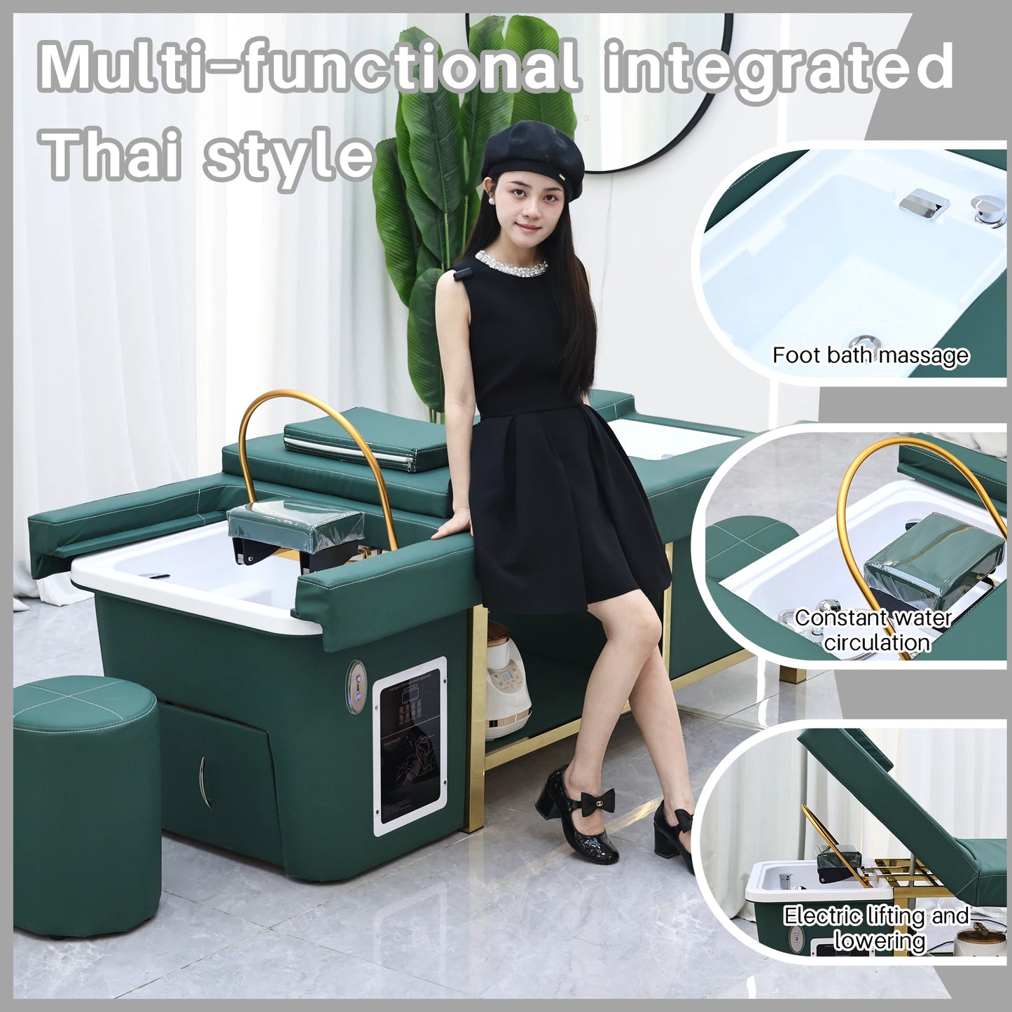Mesa de Masaje Tailandesa de Diseño Moderno, Cama Eléctrica para Lavado de Cabello, Equipo de Spa Capilar, Cama Reclinable para Salón de Belleza con Lavabo de Cerámica y Reposapiés