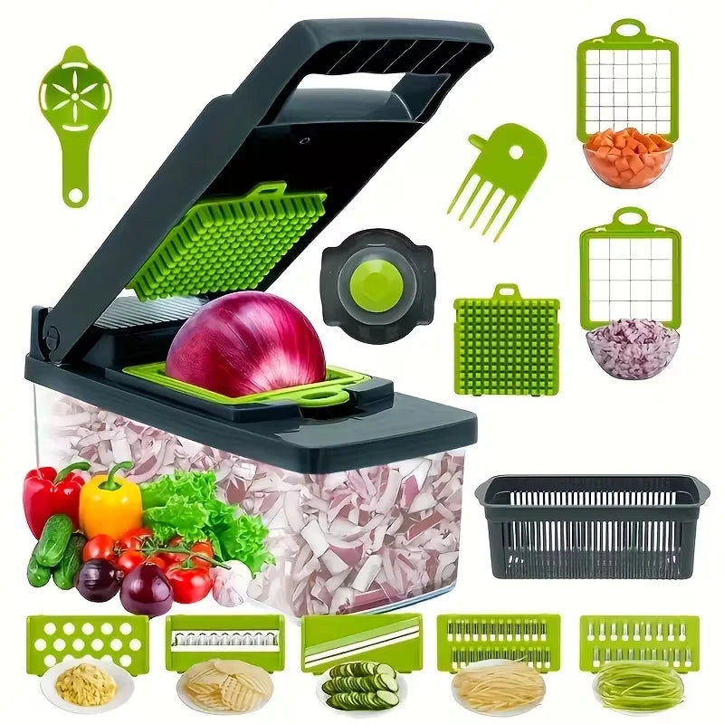 Picadora de verduras multifuncional 14 en 1, picadora de cebolla con mango, picadora de alimentos, rebanadora de verduras de cocina, cortadora