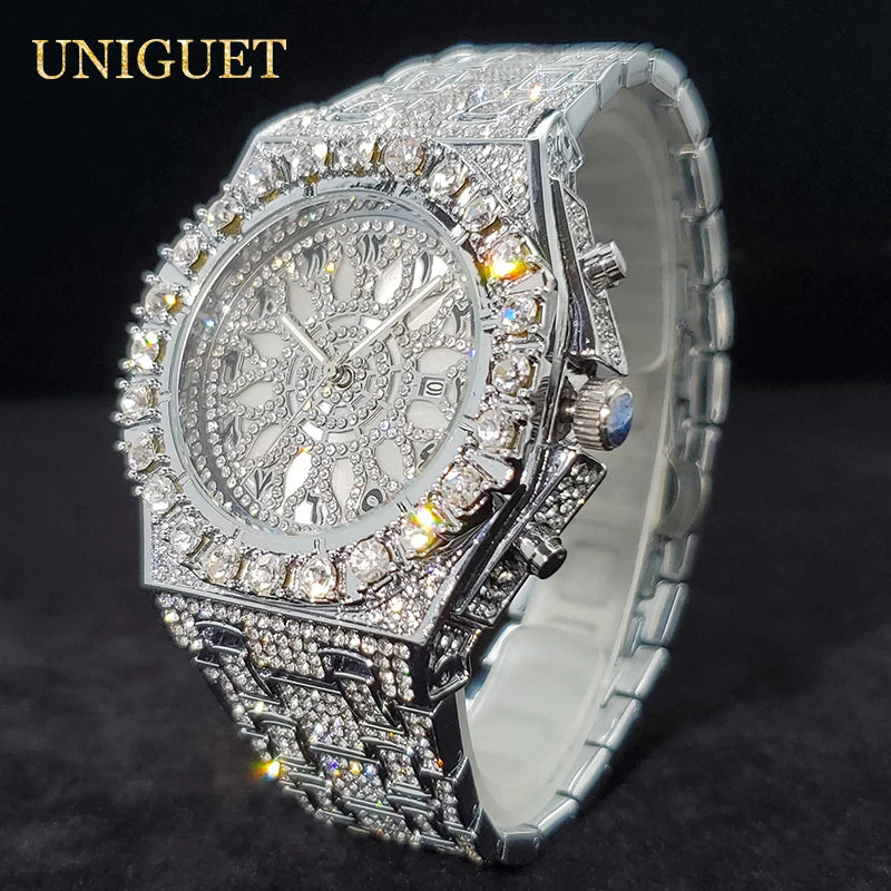 Reloj de lujo para hombre, relojes de cuarzo con diamantes helados para hombre, reloj de mano de Hip Hop con circonita brillante, reloj luminoso resistente al agua para hombre