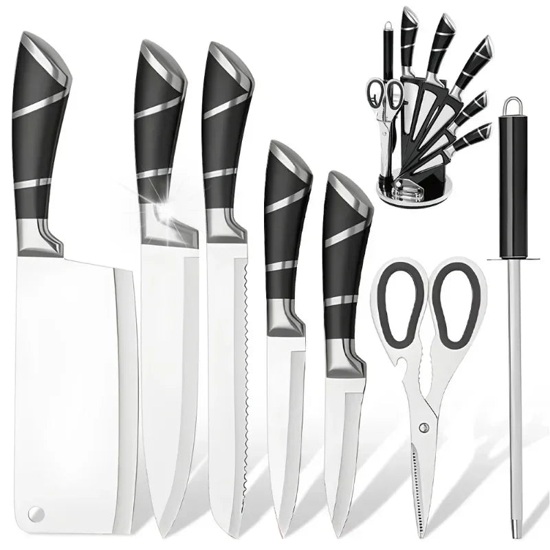MDHAND Juego de cuchillos de cocina 9 piezas de acero inoxidable Cuchillos de chef recubiertos antiadherentes afilados con afilador para cortar y cortar