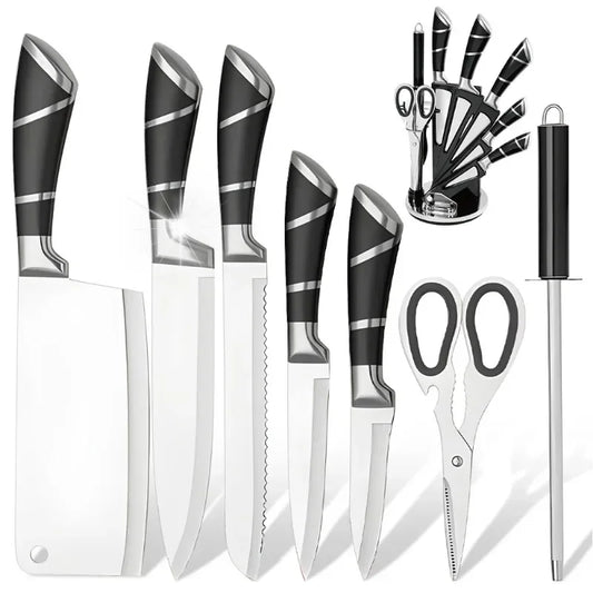 MDHAND Juego de cuchillos de cocina 9 piezas de acero inoxidable Cuchillos de chef recubiertos antiadherentes afilados con afilador para cortar y cortar