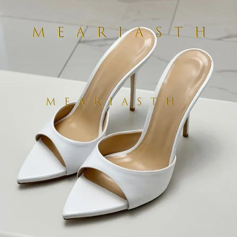 Mulas de cuero de Color caramelo para mujer, zapatos de tacón alto fino con punta abierta y punta abierta, zapatillas modernas sexis para fiesta para primavera y verano