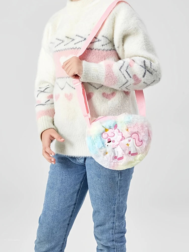 Lindo unicornio para niñas, bolso de hombro con cremallera de corazón de felpa, bolso de mensajero, monedero, cartera, bolso cruzado, regalo para niños, Mochila pequeña