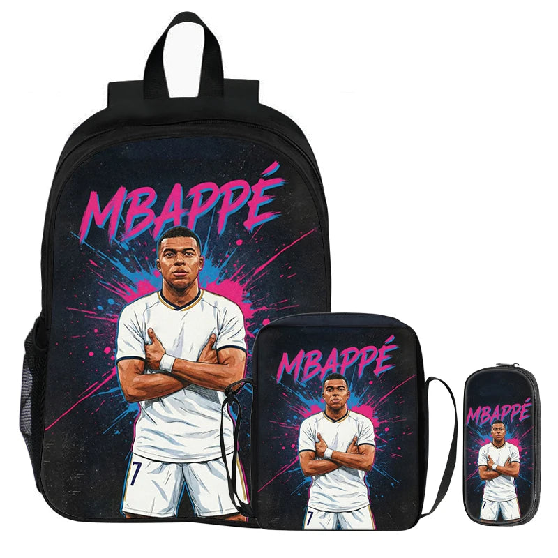 M-Mbappe-Conjunto de 3 uds de mochilas para niños, bolso de hombro para estudiantes, bolsas para lápices, mochila de estrella del fútbol, el mejor regalo