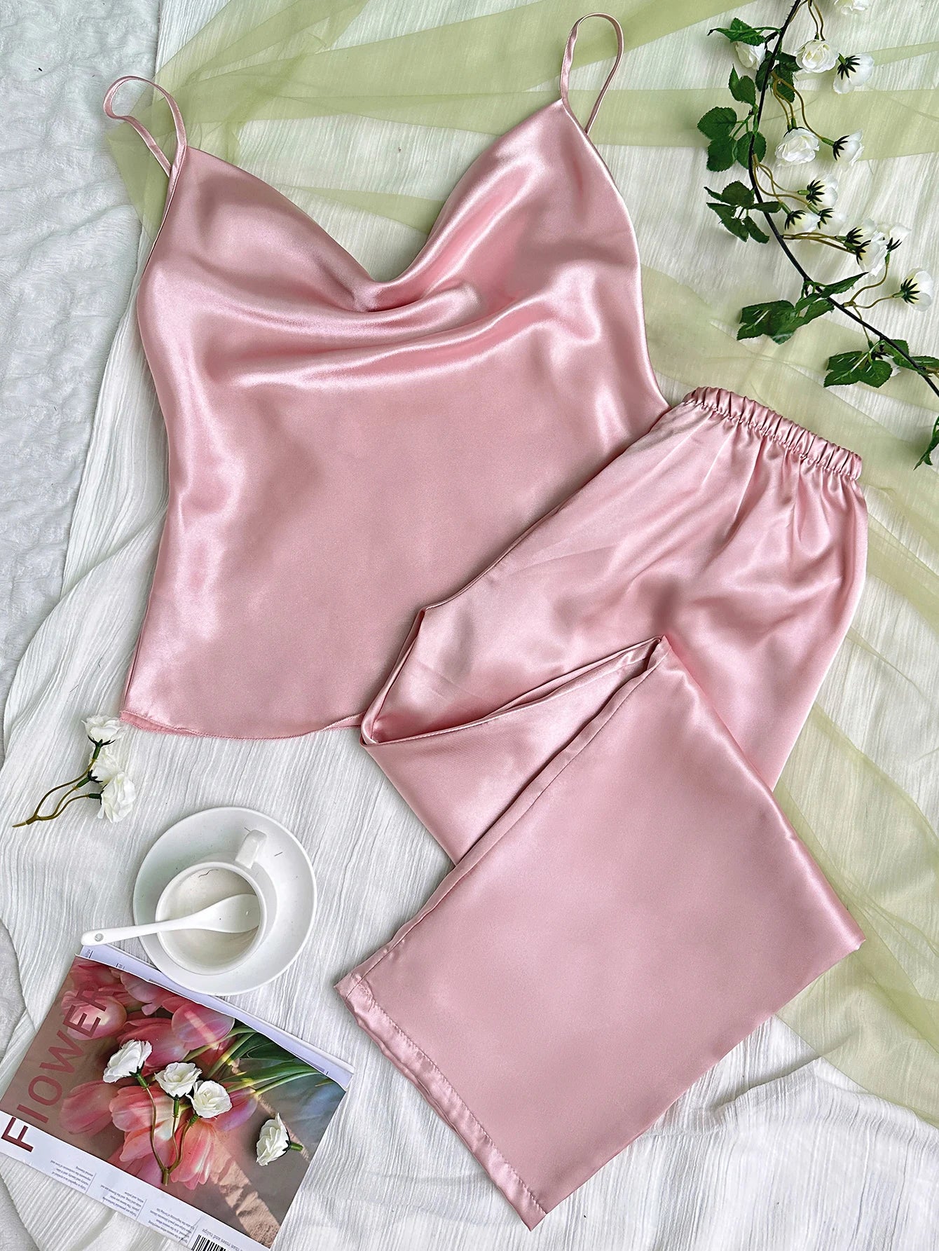 Conjunto de pijama de satén liso con cuello drapeado, Top camisola, pantalones con cintura elástica, ropa de dormir para mujer